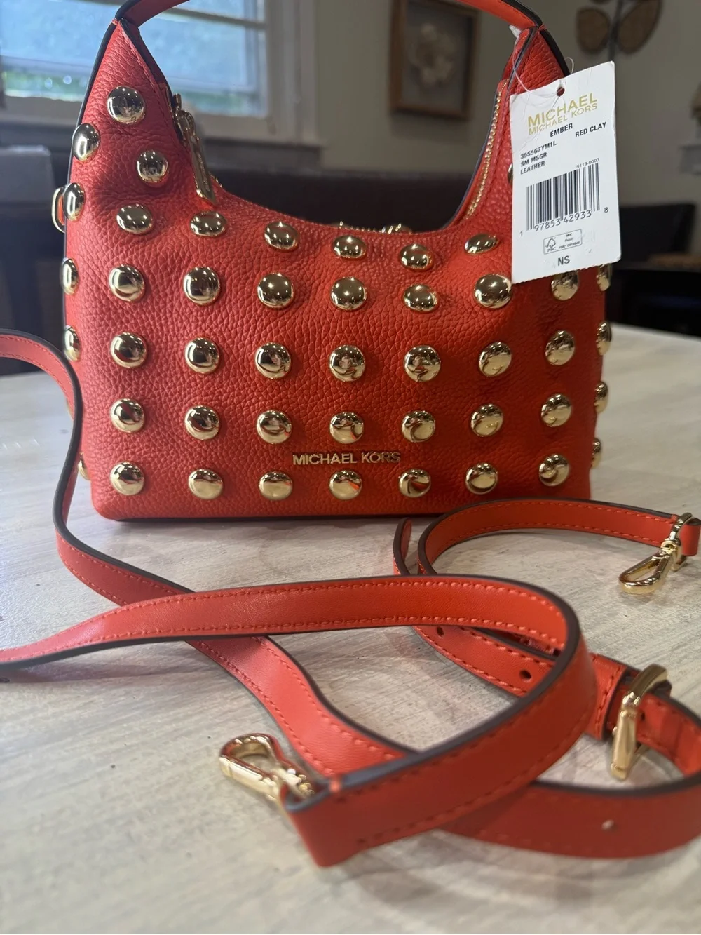 Michael Kors Ember Red Clay Studded Leather Crossbody Hobo